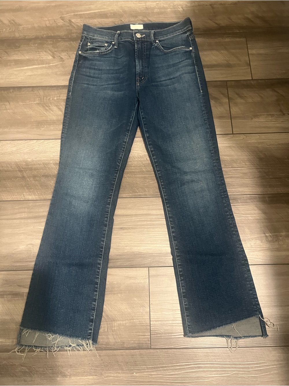 MOTHER Dark Blue Wide Leg Jeans with Raw Hem